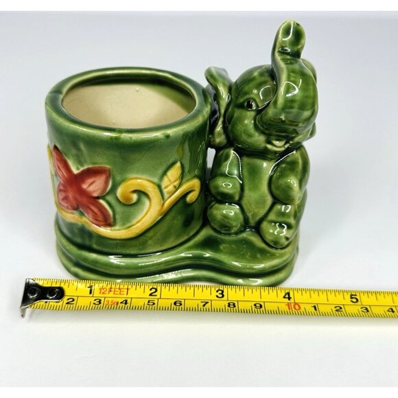 Vintage Baby Elephant Planter Small Trunk Up Ceramic Green Pink Yellow 4x3x4” - Picture 8 of 10